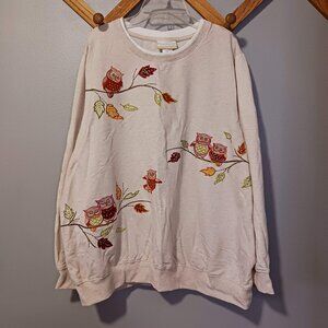 Alfred Dunner Embroidered Owls Fall Leaves Sweatshirt Oatmeal Tan Cottagecore 2X